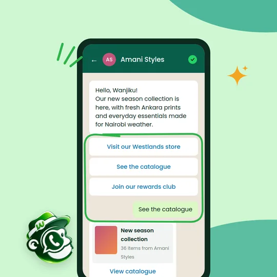 A WhatsApp message from Amani Styles with buttons to visit the store, see the catalogue and join the rewards club, and a catalogue reply