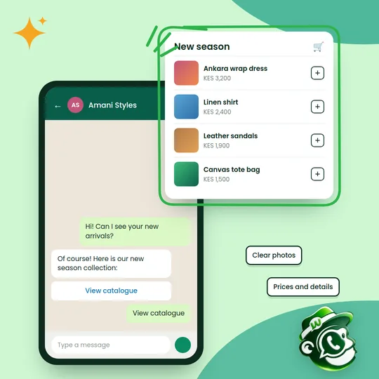 A WhatsApp chat sharing a new season catalogue with dresses, shirts, sandals and bags