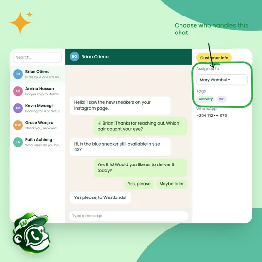 A shared inbox with the chat assigned to Mary Wambui in the customer info panel