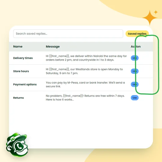 A list of saved replies for delivery times, store hours, payment options and returns, each with a Use button