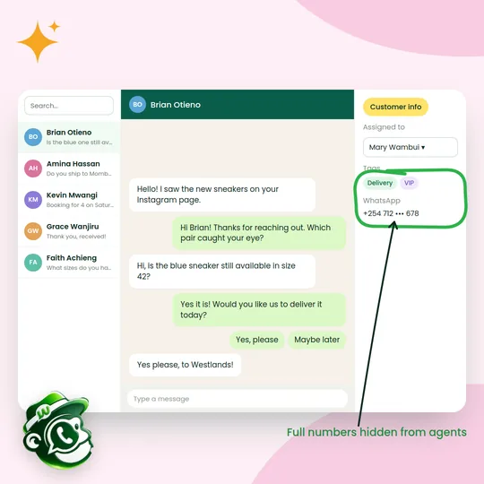 A shared inbox where the customer's WhatsApp number is masked from the agent