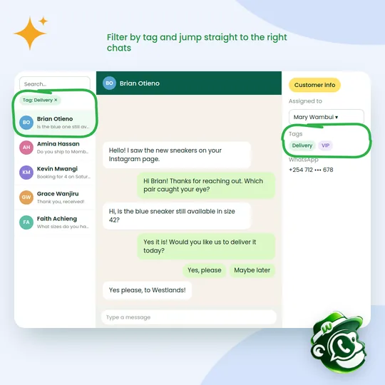 A shared inbox filtered by the Delivery tag, with tags shown on the customer