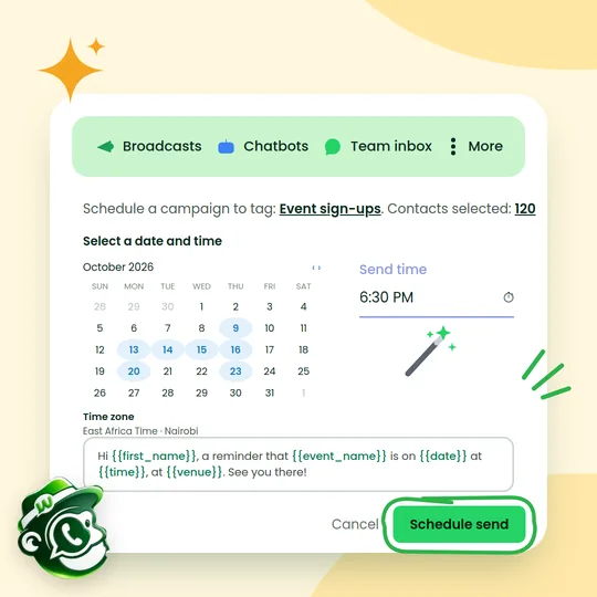 Scheduling a campaign to 120 event sign-ups for 6:30 pm Nairobi time, with a calendar and a personalised reminder message